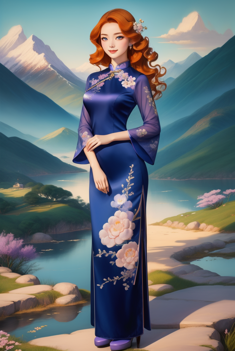 00141-Chinese Landscape Painting full body, (ginger wavy hair_1.3), woman,  smile, ch30ngs4m_1, long silk cheongsam, silver and pale l.png